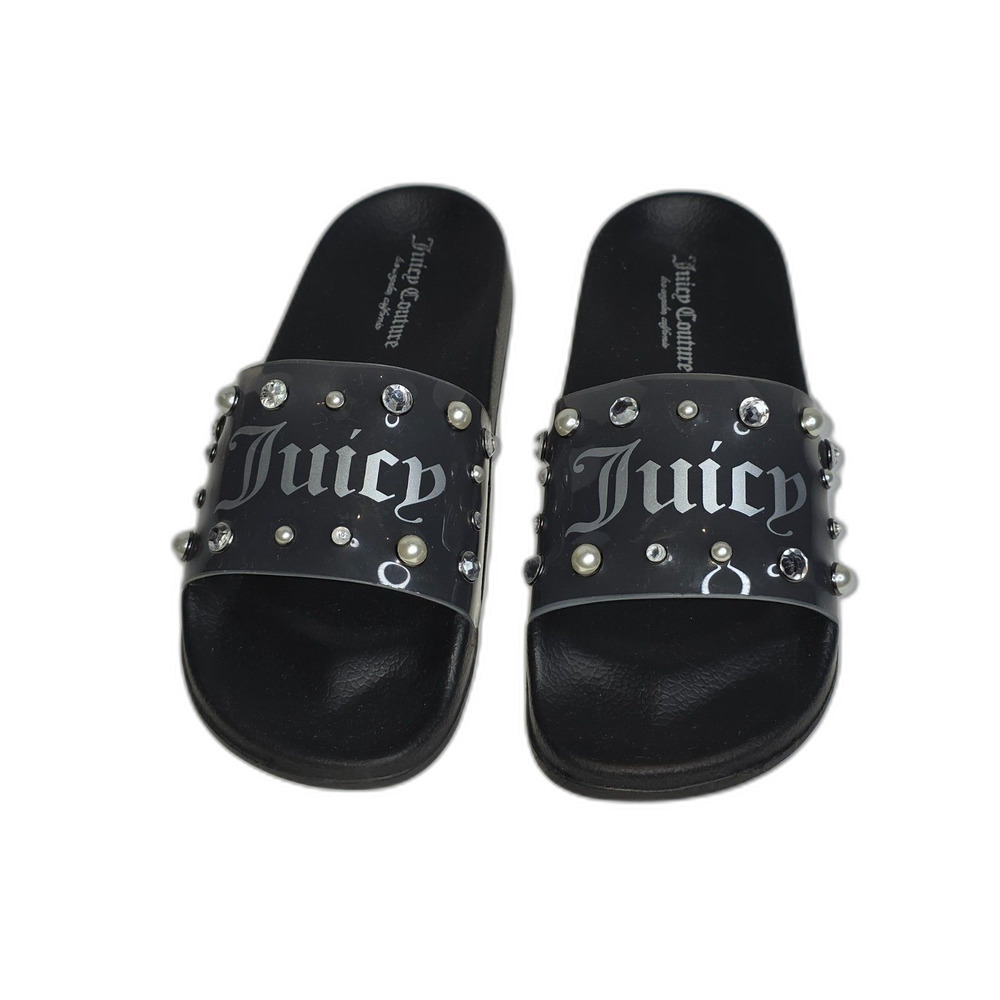 Juicy Couture Slides Women's 8 Black Clear Rhinestone Pearl Sandals Y2K Bling